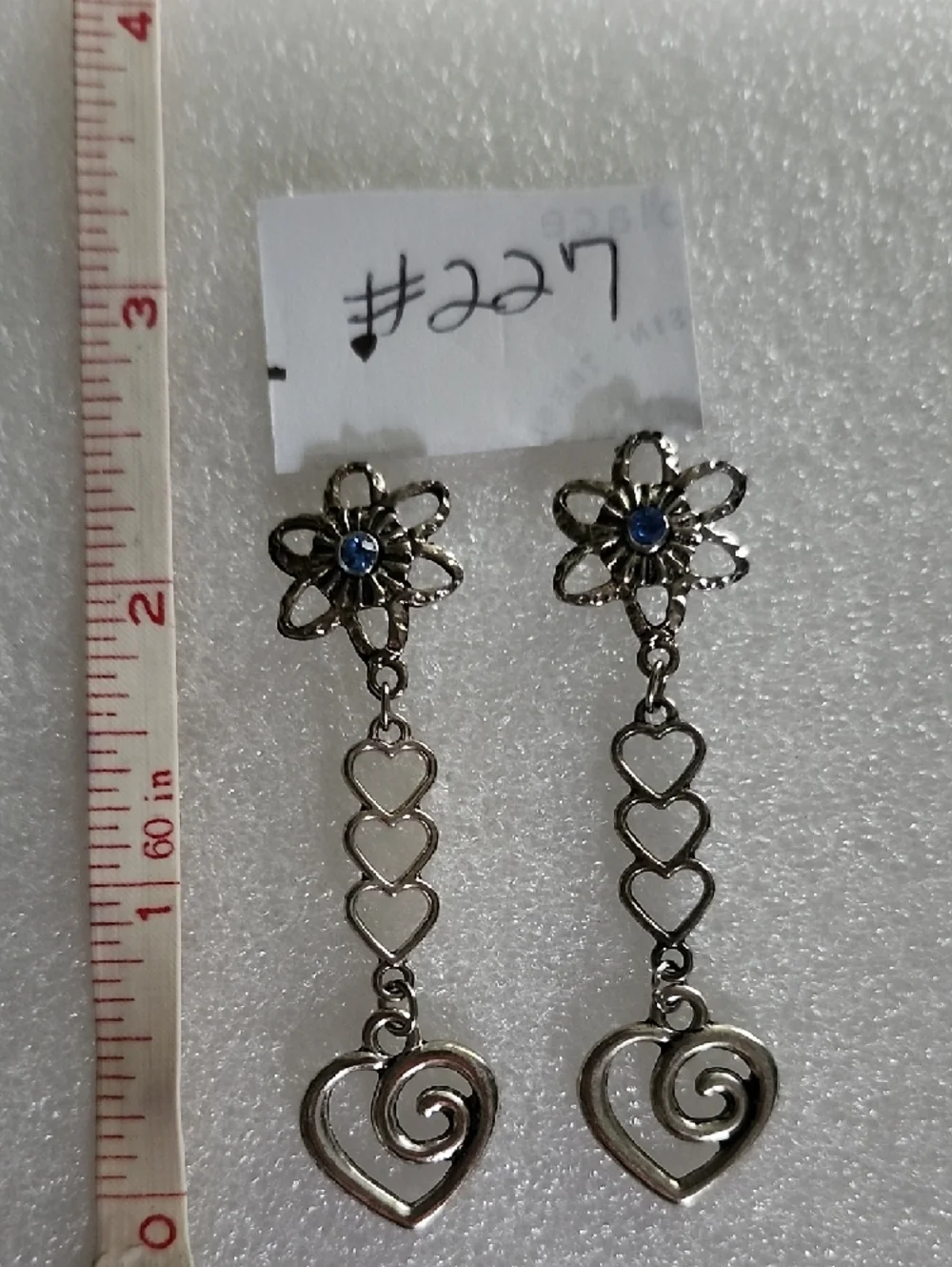 Hand Crafted Silver-Tone Floral & Heart Drop Earrings with Blue Accent